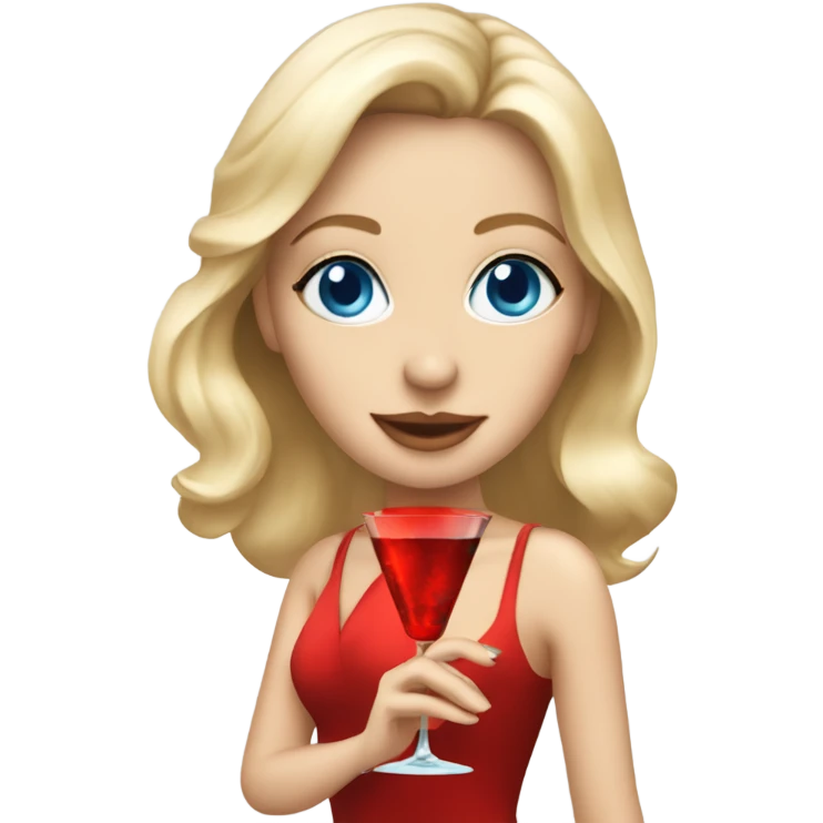 Beautiful blonde white woman with blue eyes and red dress dancing with martini emoji