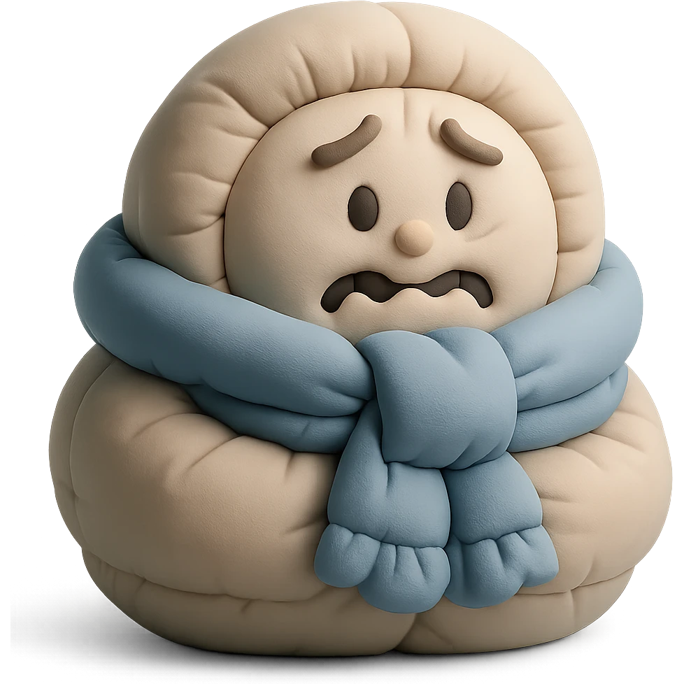 plush face bundled in a scarf, shivering, cold weather emoji