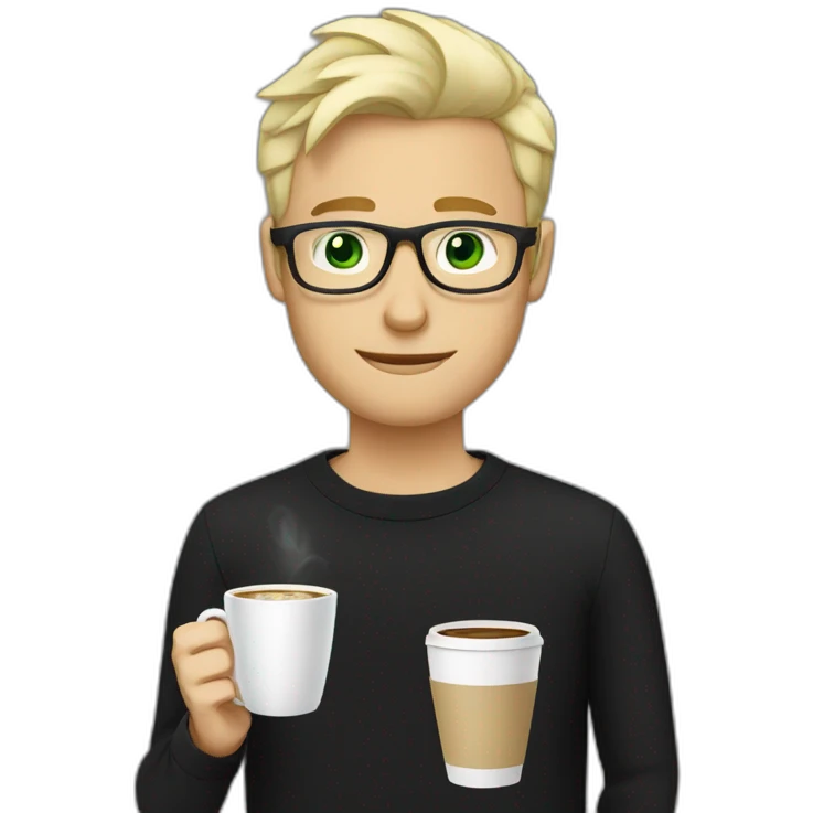 Blonde man green eyes in black jumper with clear glasses holding a white coffee cup emoji