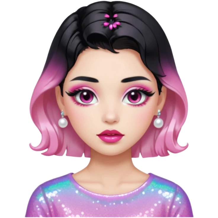 “black hair Emoji girl, glossy pink eyelids, ombré cherry lips, soft contour, subtle glitter under eyes, pearl hair clips, trendy hairstyle, iridescent modern top.” emoji