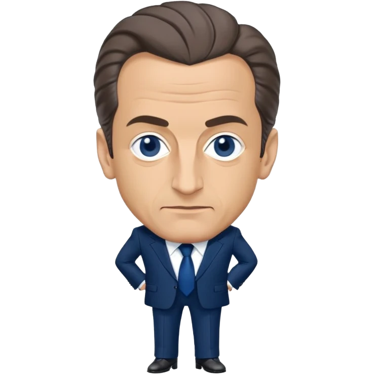 figure of Nicolas Sarkozy with an oversized head and small body, standing, wearing a navy suit and blue tie, highly recognizable face, simplified details emoji