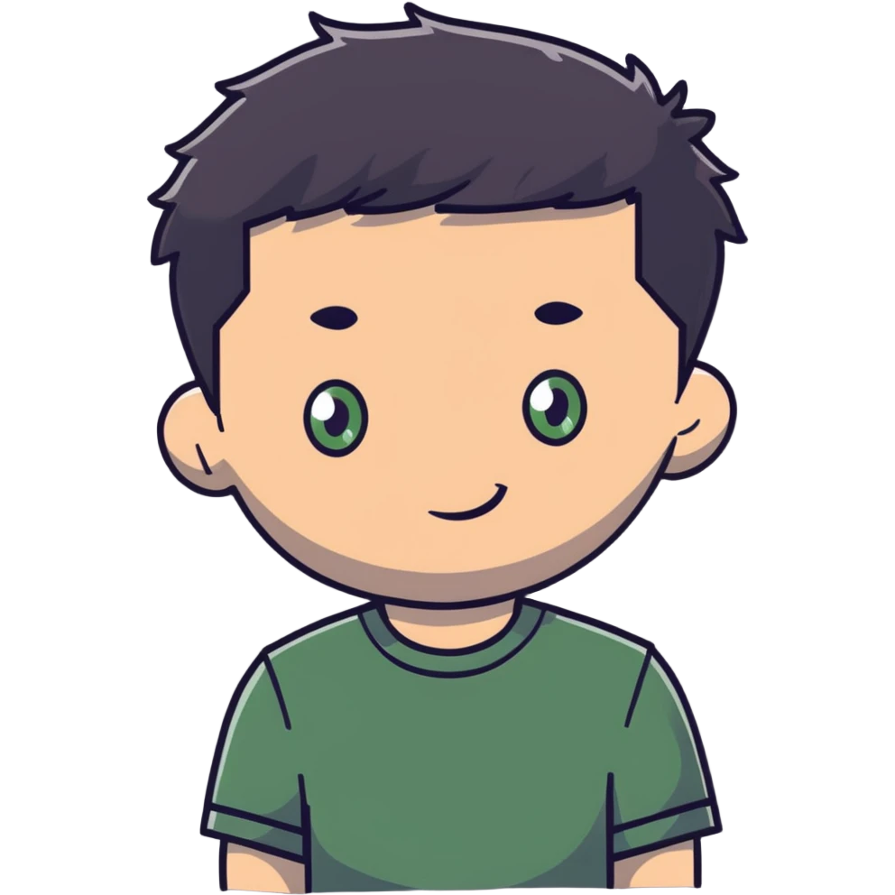 white man with dark messy short hair, dark green eyes, wearing a gray t-shirt emoji