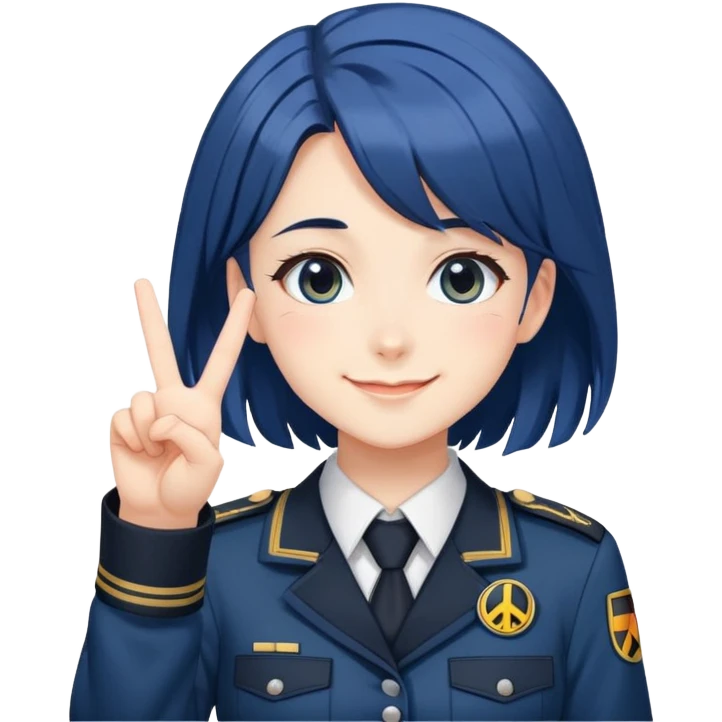 A cute anime-style girl with dark blue hair in a dark German uniform with a swastika with a smile happily shows the gesture of "peace" emoji