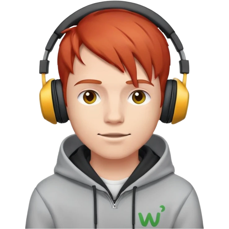 young male with red hair, wearing headphones and a hoodie with 'woojuo' letter print, emoji style, cartoon cute emoji