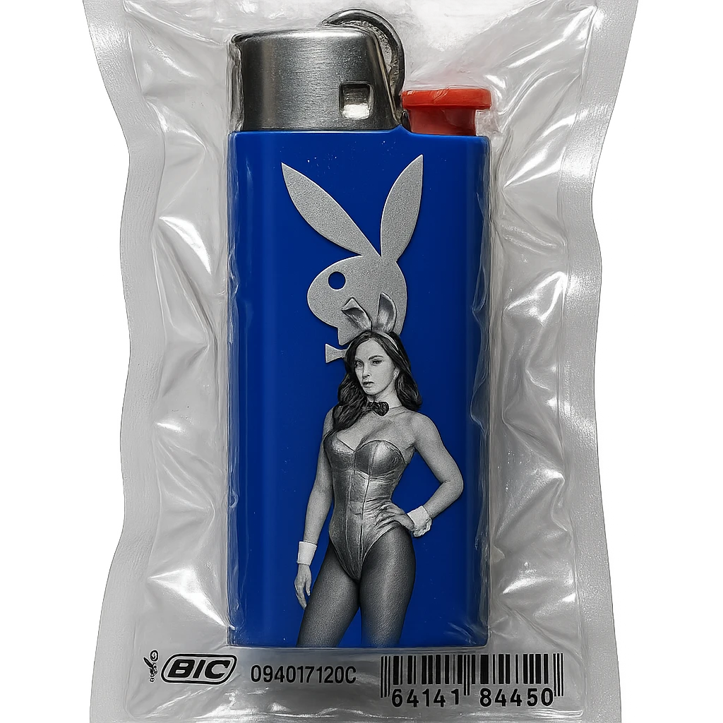 blue BIC lighter, shiny and inflated, with a silver Playboy Bunny logo and a model in a silver bunny suit emoji