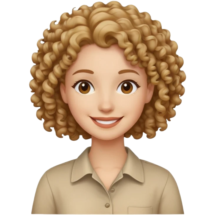 Woman smiling, curly hair and wearing beige shirt emoji