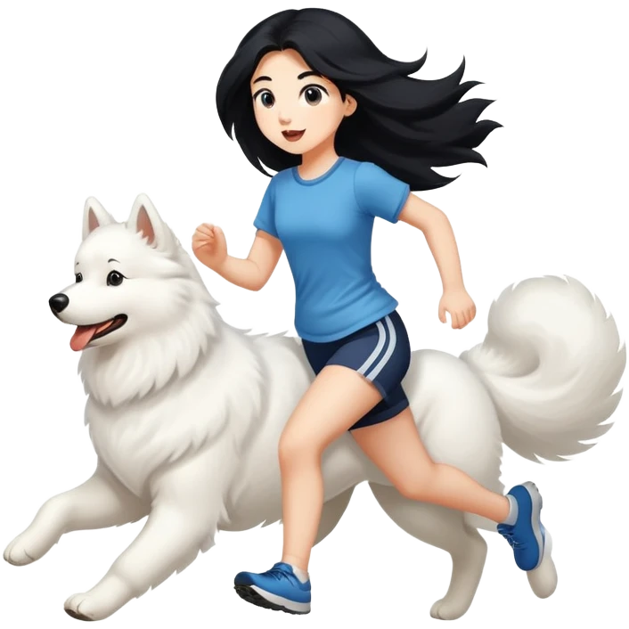 A beautiful girl with long black hair runs with a Samoyed emoji
