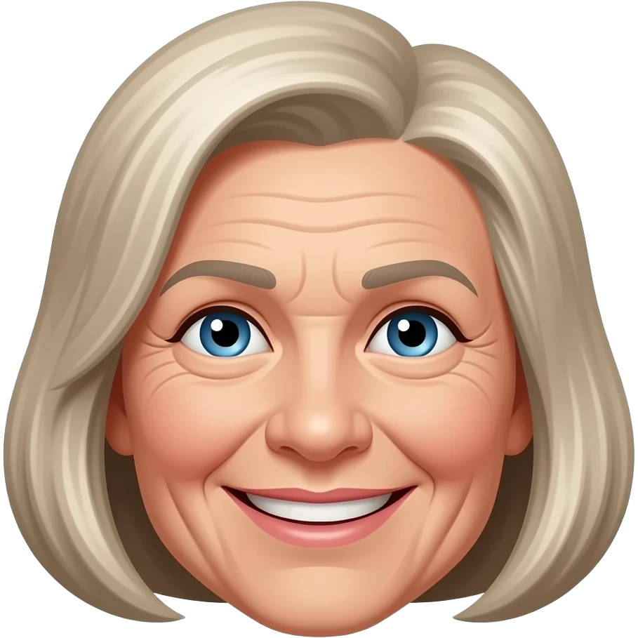 Elderly smiling woman with small blue eyes thin brown eyebrows no bangs graying blond hair medium bob and wrinkles emoji