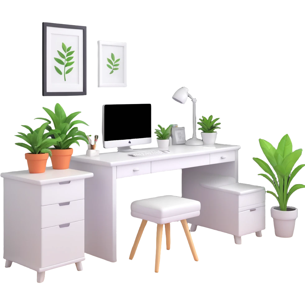 bright clean teenage room with white furniture, white vanity, white desk, white bed, and potted plants emoji