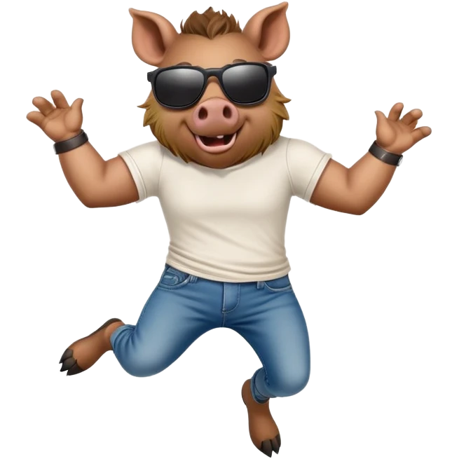 friendly anthropomorphised boar in jeans and a t-shirt, wearing dark sunglasses, jumping pose emoji