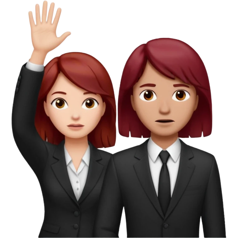 now make the girl u created in bussines outfit waveing with dark red hair and the man u created facepalm emoji