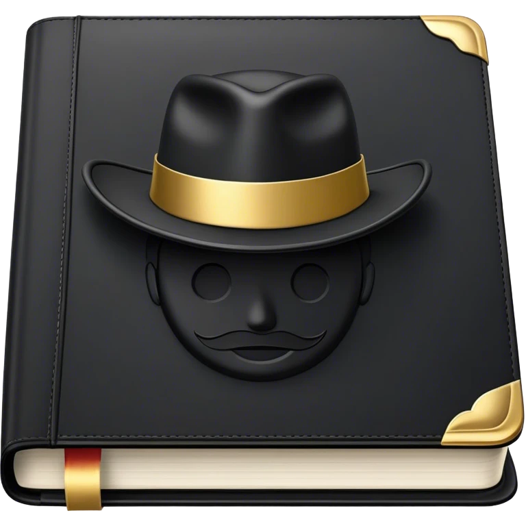 A sleek black book with gold accents, a polished leather texture, and an embossed symbol of a man tipping his hat, a deck of cards, or a golden key, radiating charisma, strategy, and the mastery of social dynamics. emoji