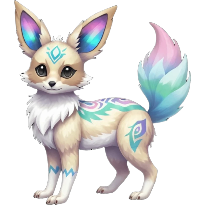Rare iridescent white exotic epic aesthetic colorful Trico-Eevee-Genet-species-Fakemon-hybrid-creature, with intricate tattoo markings, full body emoji