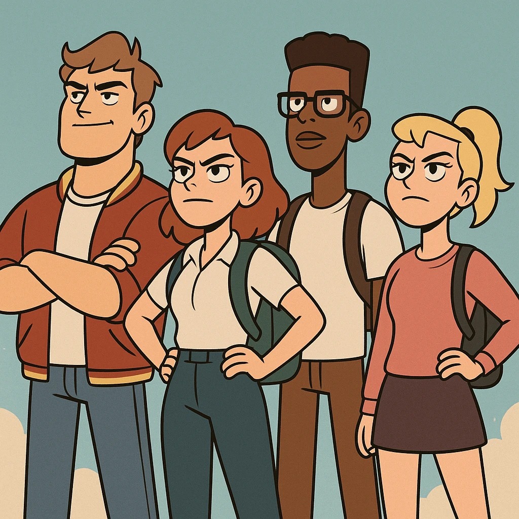 group of confident students standing tall, looking heroic in flat toon style emoji