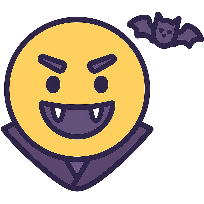 grinning emoji with vampire fangs and tiny bat, color outline style emoji