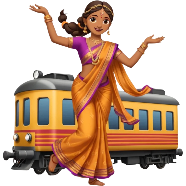 An Indian woman dancer dancing on top of a running train. emoji