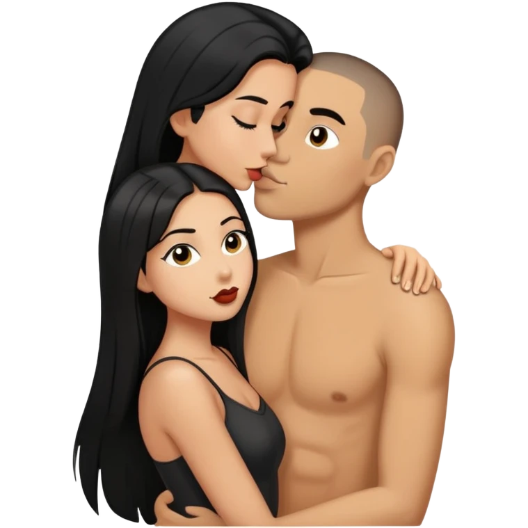 Tan girl with long black hair kissing same skintone man with evenly buzzcut black hair emoji