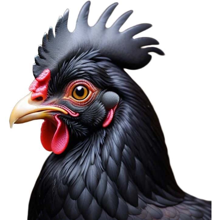 Cinematic Noble Black Chicken Portrait Emoji, Poised and regal, with a compact, sturdy build and a glossy, well-groomed pure black plumage, deep-set soulful beady eyes, Simplified yet sharp and sophisticated features, highly detailed, glowing with a soft, dignified glow, high shine, intelligent and alert, stylized with an air of mysterious elegance, focused and attentive, soft glowing outline, capturing the essence of a watchful and confident fowl, so majestic it feels as though it could strut out of the screen with effortless authority! emoji