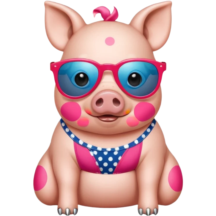cute pig wearing  star-shaped sunglasses and polka dot bathing suit on all fours with nail polish, with a name tag saying hi my name is gerald emoji