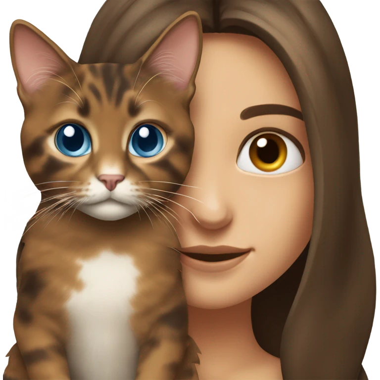 Long haired brunette girl with blue eyes holding a long haired tortishell cat emoji