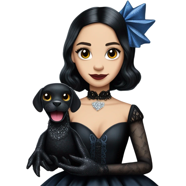 relaxed low-cut back silky black evening ball gown with lace gloves, Jenna Ortega as Wednesday Addams wearing a mini diamond tiara showing off blood blue cute horned old dragon hand puppet emoji
