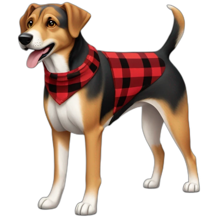 adult 75% Coonhound 25% German Shepherd mix dog with visible tail wearing small pointed red buffalo plaid bandana full body walking left quickly emoji