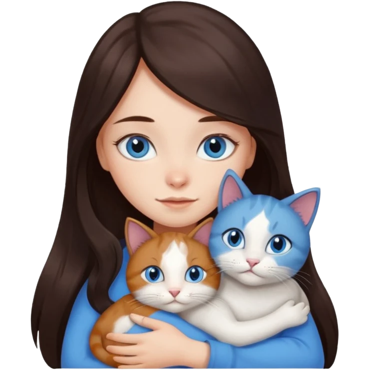 a girl with long dark 
brown hair, with blue eyes, hugs 3 different natural coloured cats emoji