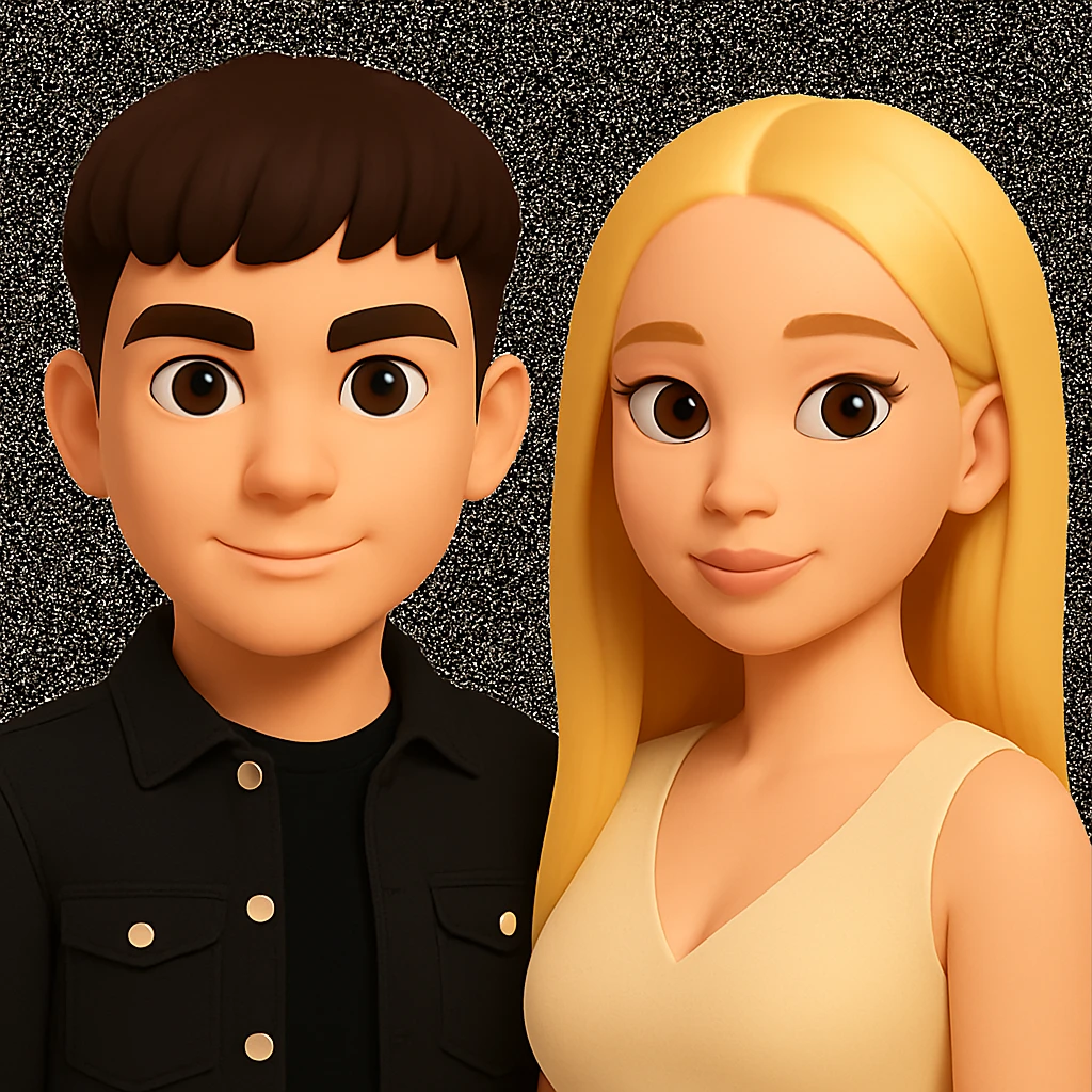 Slightly increase the volume of the upper body of the girl, separate the girl and the boy from each other, and make the skin color the same for both characters. Maintain the cartoonish 3D style as in the reference image. emoji