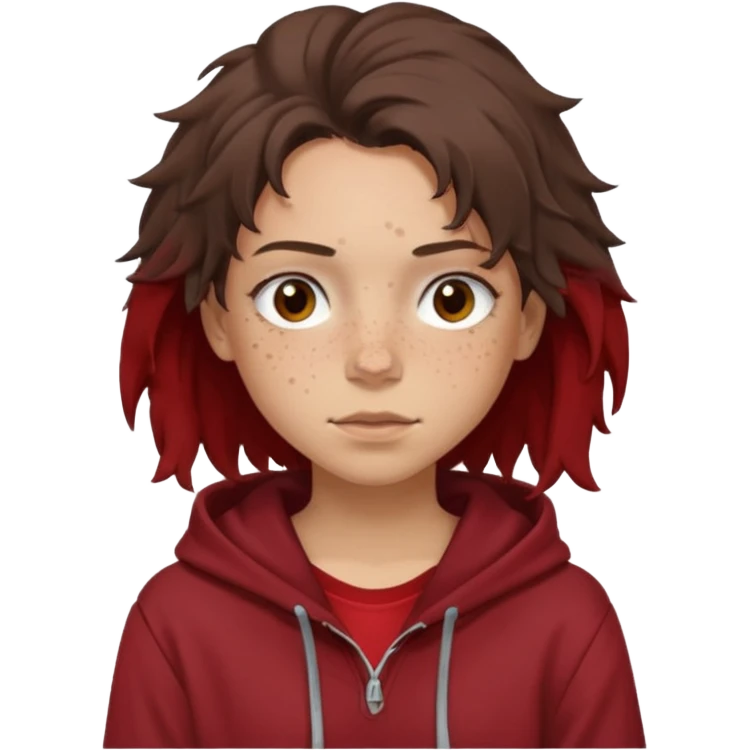 Hobo tomboy with light skin, freckles, dark brown shoulder-length hair in a messy style. Brown eyes, dark brown hoodie, dull red shirt. emoji