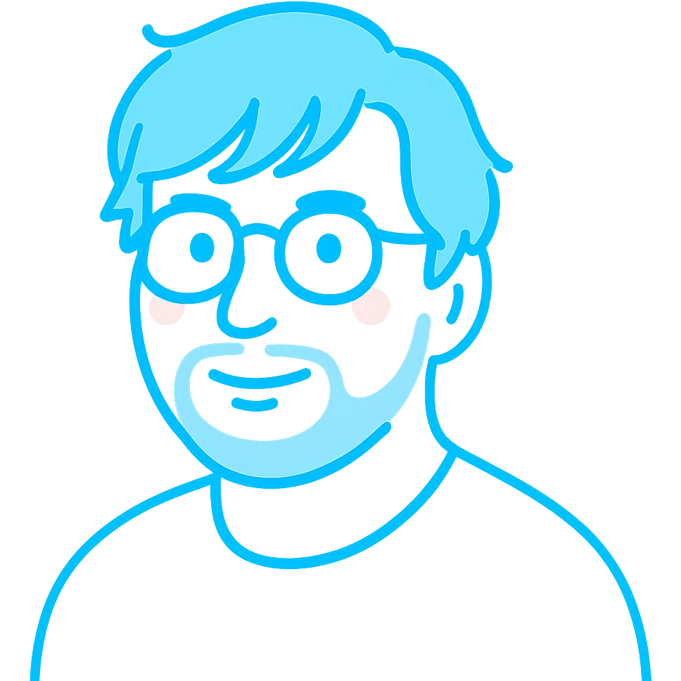 A man with round glasses, artfully messy longer hair with stylish sweeping bangs, a round but defined face shape, and a broader nose. Use vibrant sky blue for all the outlines and features, a touch of pink highlights only on the cheeks, and gray exclusively for the short beard and necessary shadows. emoji