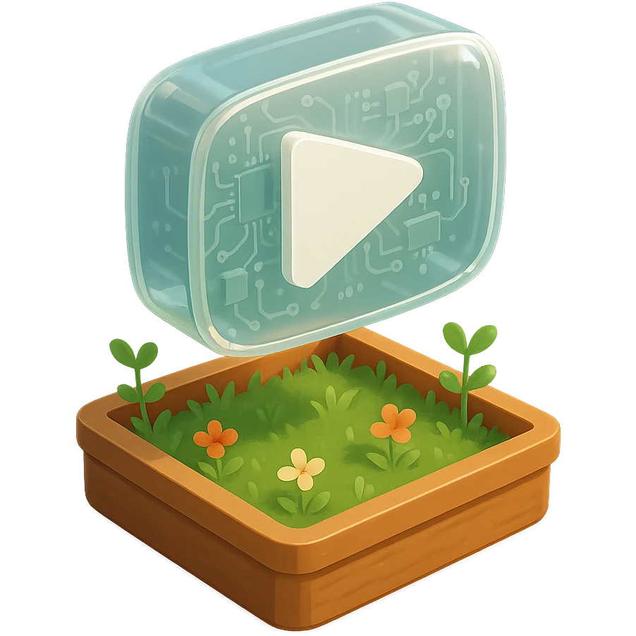 white YouTube play button inside a garden box emoji