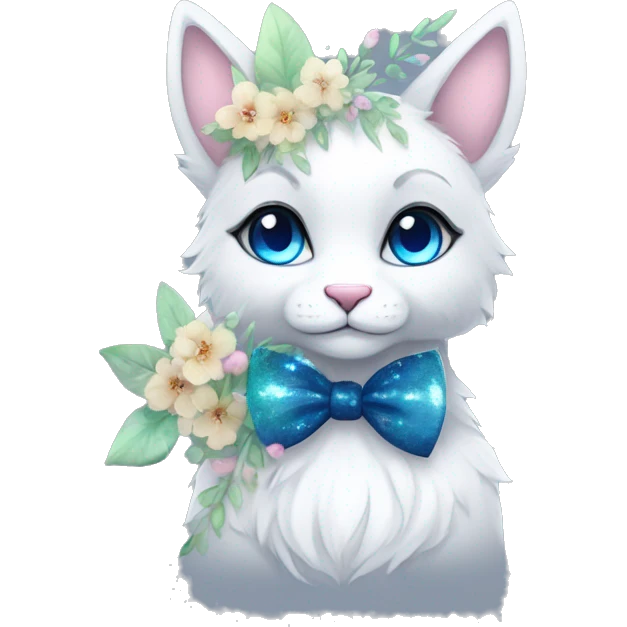 Anthro Cute Cool Kawaii gorgeous sparkly ethereal fantasy animal creature with blue eyes furry sona with flowers and bow tie beautiful aesthetic emoji