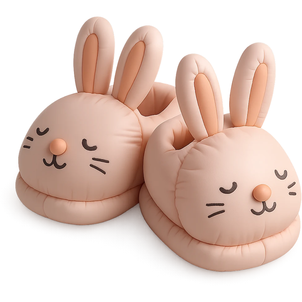 illustration of bunny slippers, soft and plush, pastel colors, cute faces, cushion style emoji