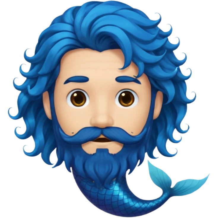 male with wild, wavy blue mermaid hair and a bold, dark black beard, emoji style emoji