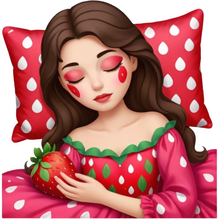 sleeping beauty brunette white girl with a silk pillow strawberry dress with her face painted strawberry emoji