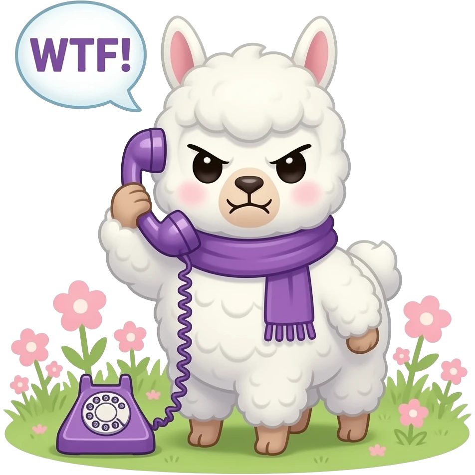 біла альпака Cute chibi alpaca (from image_1.png) in purple scarf, intensely angry scowling face, one hoof holding a vintage rotary phone to its ear, "WTF!" speech bubble above head, pastel flower meadow background, anime art style. emoji