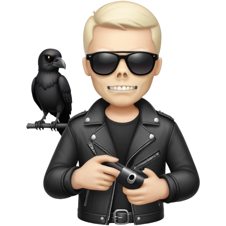 Skull Biker wearing sunglasses holding a raven emoji