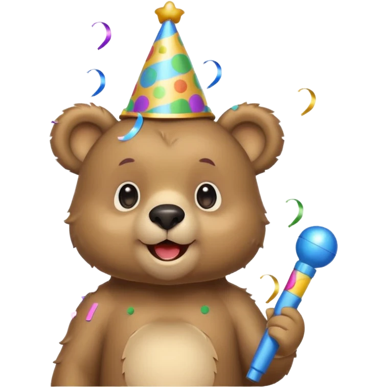 Partying bear cub with confetti and party blower emoji