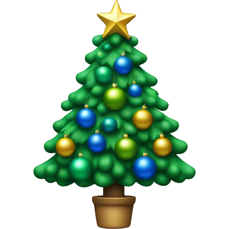 Christmas tree decorated with blue and green balls, with an oil symbol on the star emoji