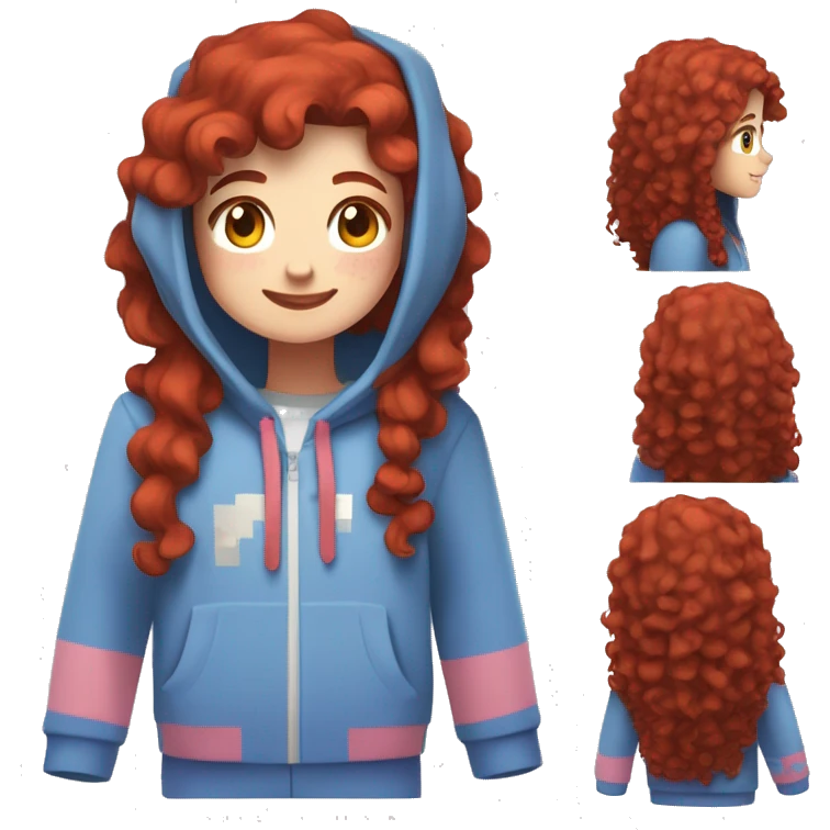 a white girl with long red curly hair and freckles, wearing periwinkle Minecraft hoodie playing a videogame smiling emoji