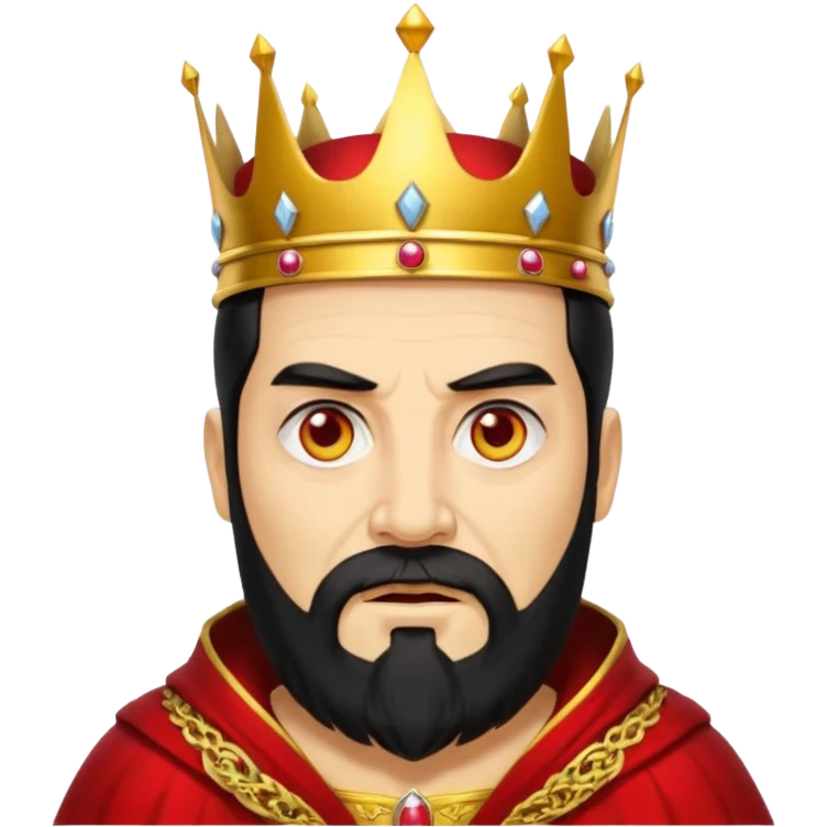 


an old king with yellow skin, red eyes, 60 years old, black hair, black beard, wearing a crown, red robe, fierce face
 emoji