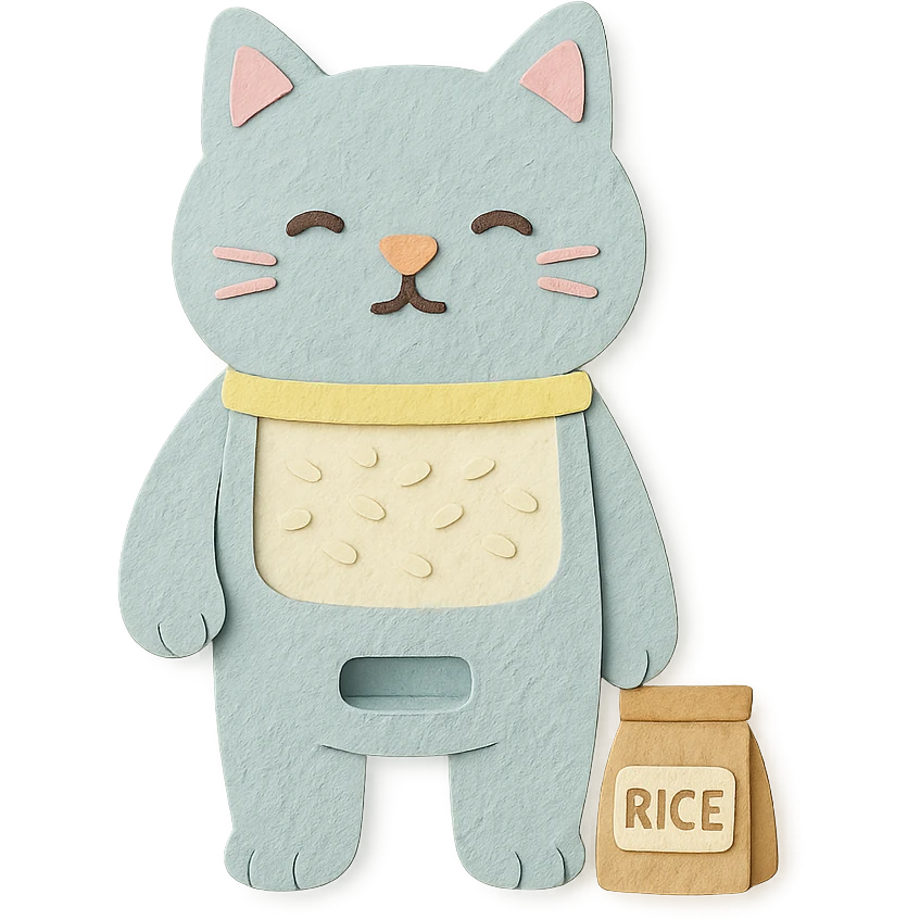soft pastel rice dispenser cat standing with a tiny rice bag, full-body emoji