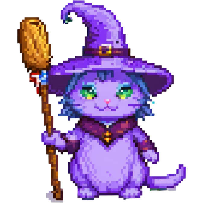 purple witch cat with broom emoji