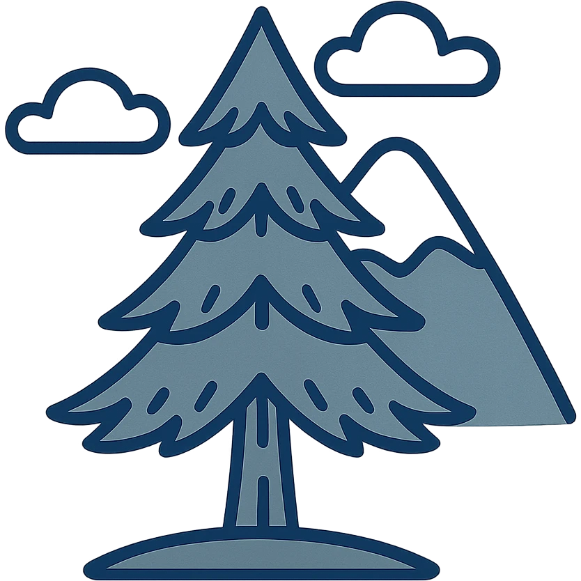 simple single evergreen tree with clouds and mountain in Scandinavian folk art style, dark neutral forest colors, suitable for favicon or emoji emoji