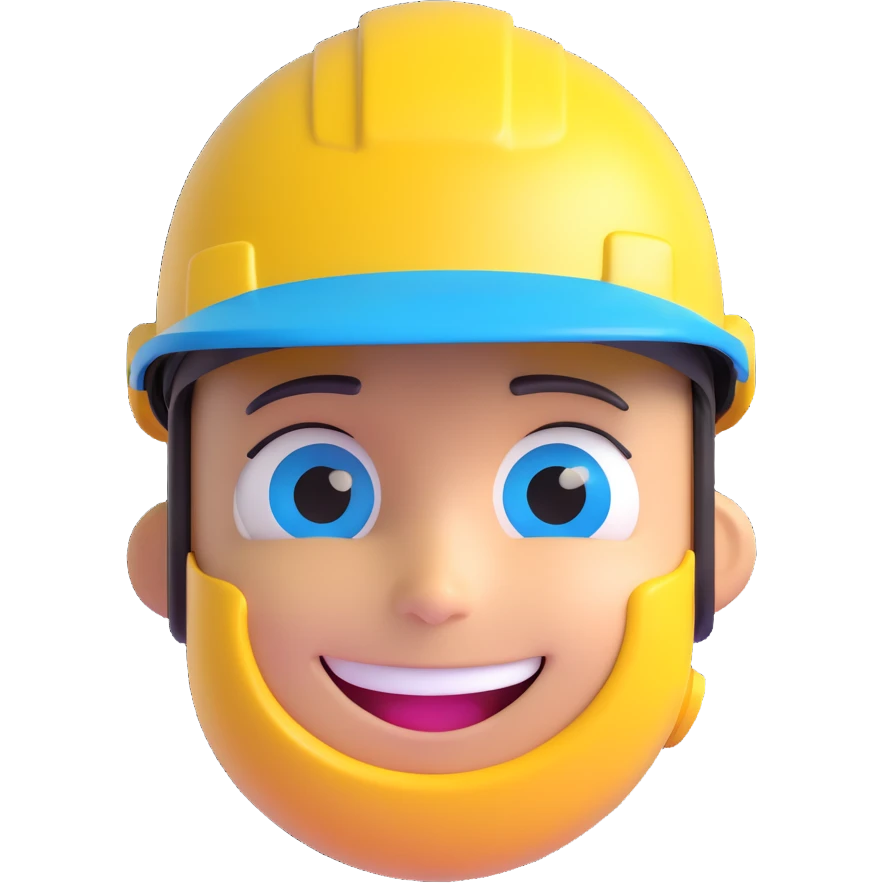 3D cartoon face of a construction AI agent, metallic skin, glowing blue eyes, yellow safety helmet, smiling emoji