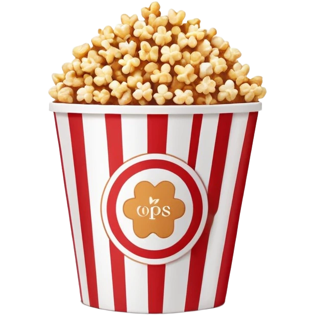 minimalist caramel popcorn box with thin red and white stripes, tiny popcorn pieces visible, clean simple design, Apple emoji style emoji