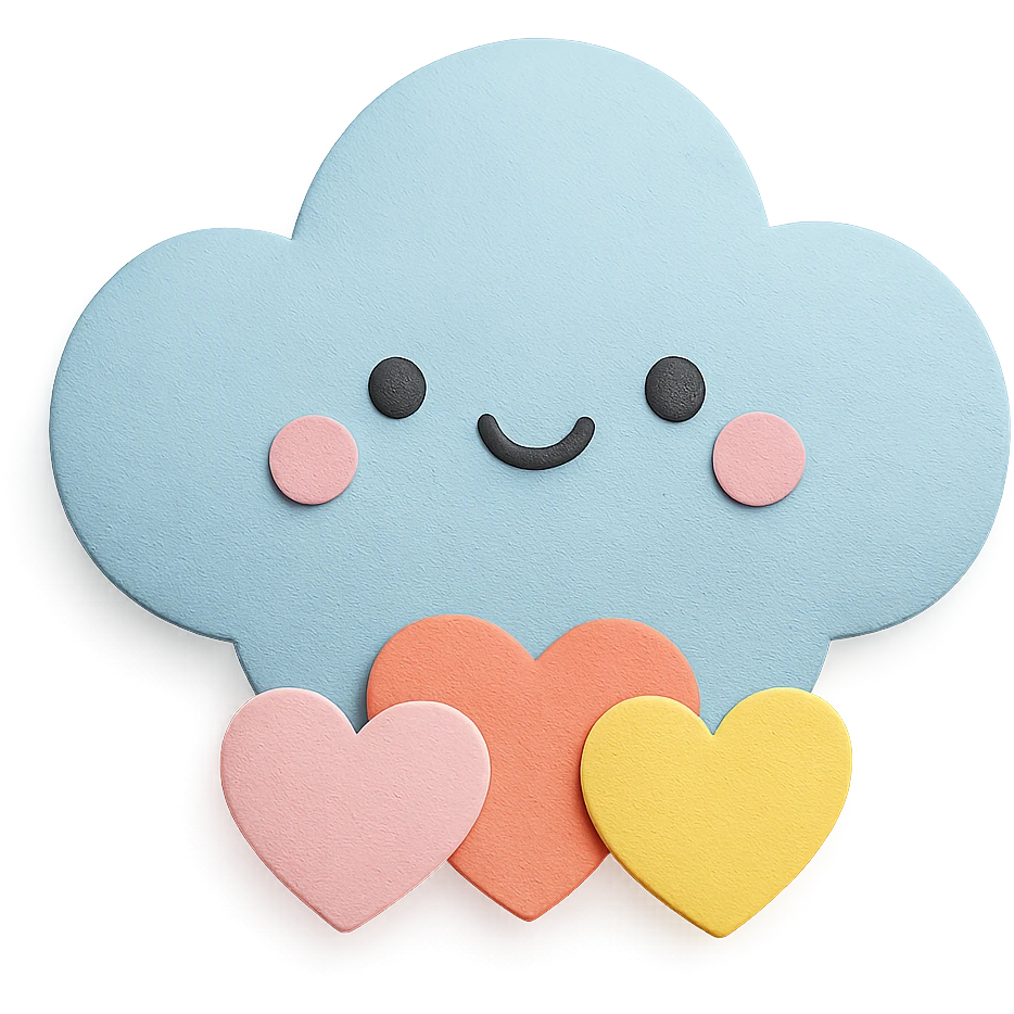 Regenerate the image as a soft pastel puffy cloud holding tiny pastel hearts, no arms, no legs, transparent background, full body, in paper craft style. Keep the paper craft texture and kawaii look. emoji