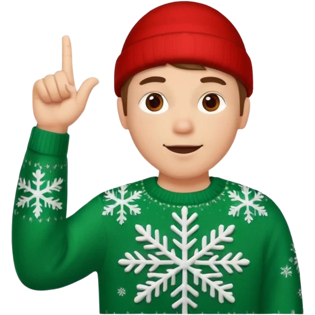 A guy pointing up with one hand and he has a christmas sweater with snowflakes in it emoji