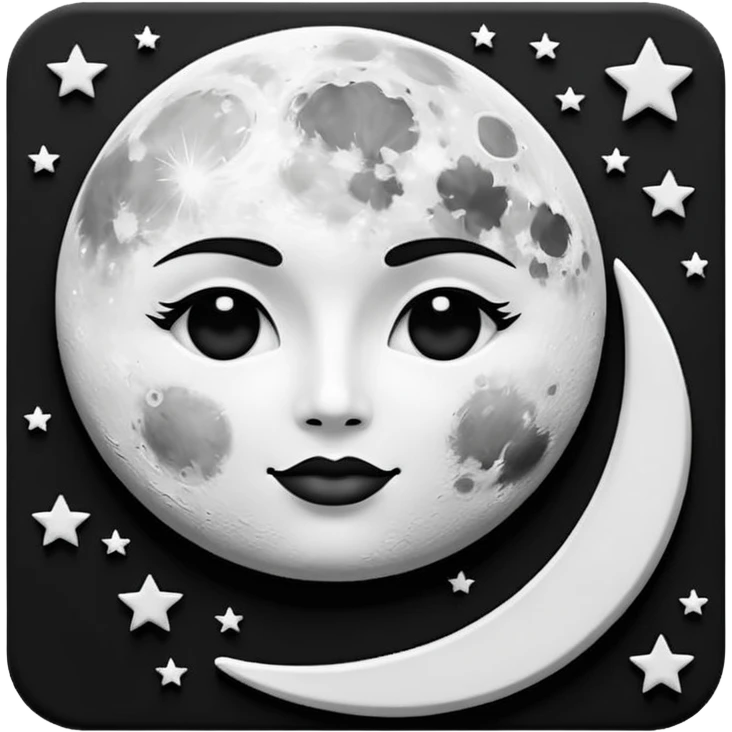 Visualize on-brand content — instantly. black white pallete preferred. brush painting on a canvas. app icon. modern, sleek, minimalistic. ai generated. make moon and star to look like a face. emoji