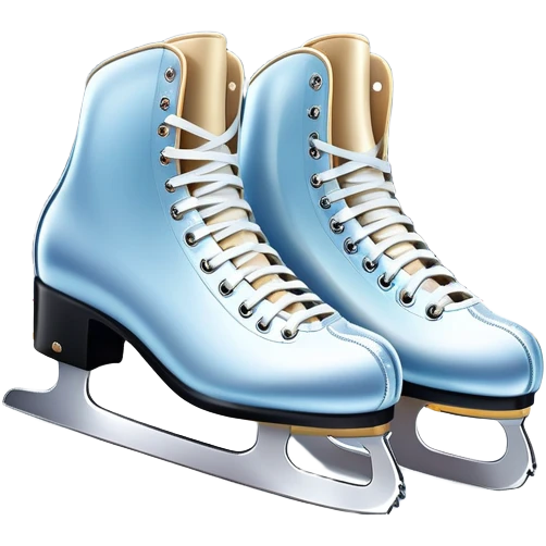 An icon featuring a pair of elegant figure skates standing on the smooth ice of a rink, with sparkling ice beneath them. The background shows a grand ice arena with bright lights and empty stands, highlighting the beauty and grace of figure skating. Transparent background. emoji